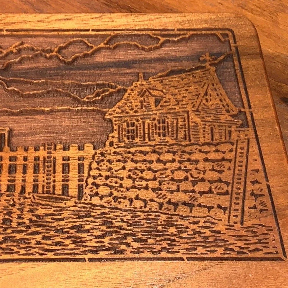 Vintage Laser Craft Carved Walnut  Wood Letter Holder Pelican Harbor Made in USA